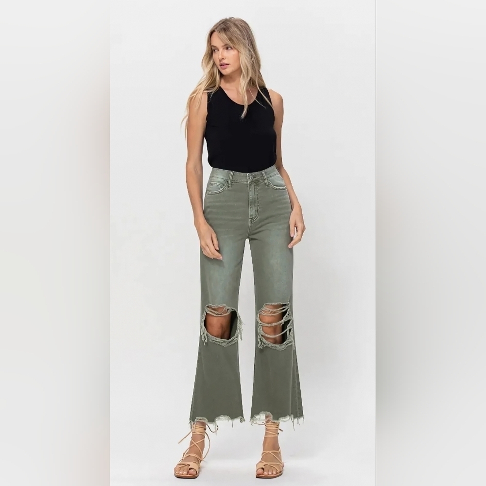 Vervet HR 90's Vintage Wide Leg Cropped Denim Jeans Olive Cotton 3/26